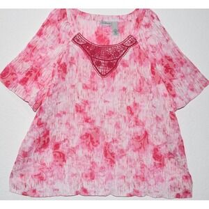 Catherines 4X Top Pink Crochet Lace Tie Dye Short Slv texture Lightweight Blouse